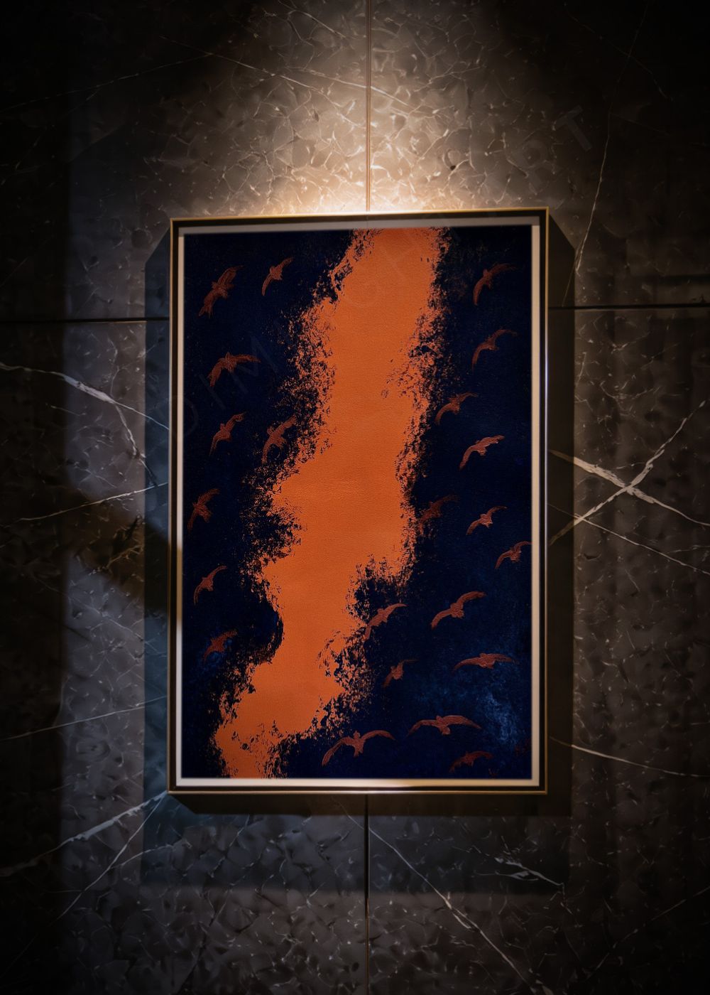 abstract art painting blue orange hand painted contemporary Deep Blue Ryba V premium dark interior Marino Robles DimlightArt