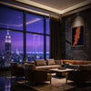 abstract canvas painting blue orange hand painted Deep Blue Ryba V luxury living room New York night Marino Robles DimlightArt