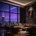 abstract canvas painting blue orange hand painted Deep Blue Ryba V luxury living room New York night Marino Robles DimlightArt