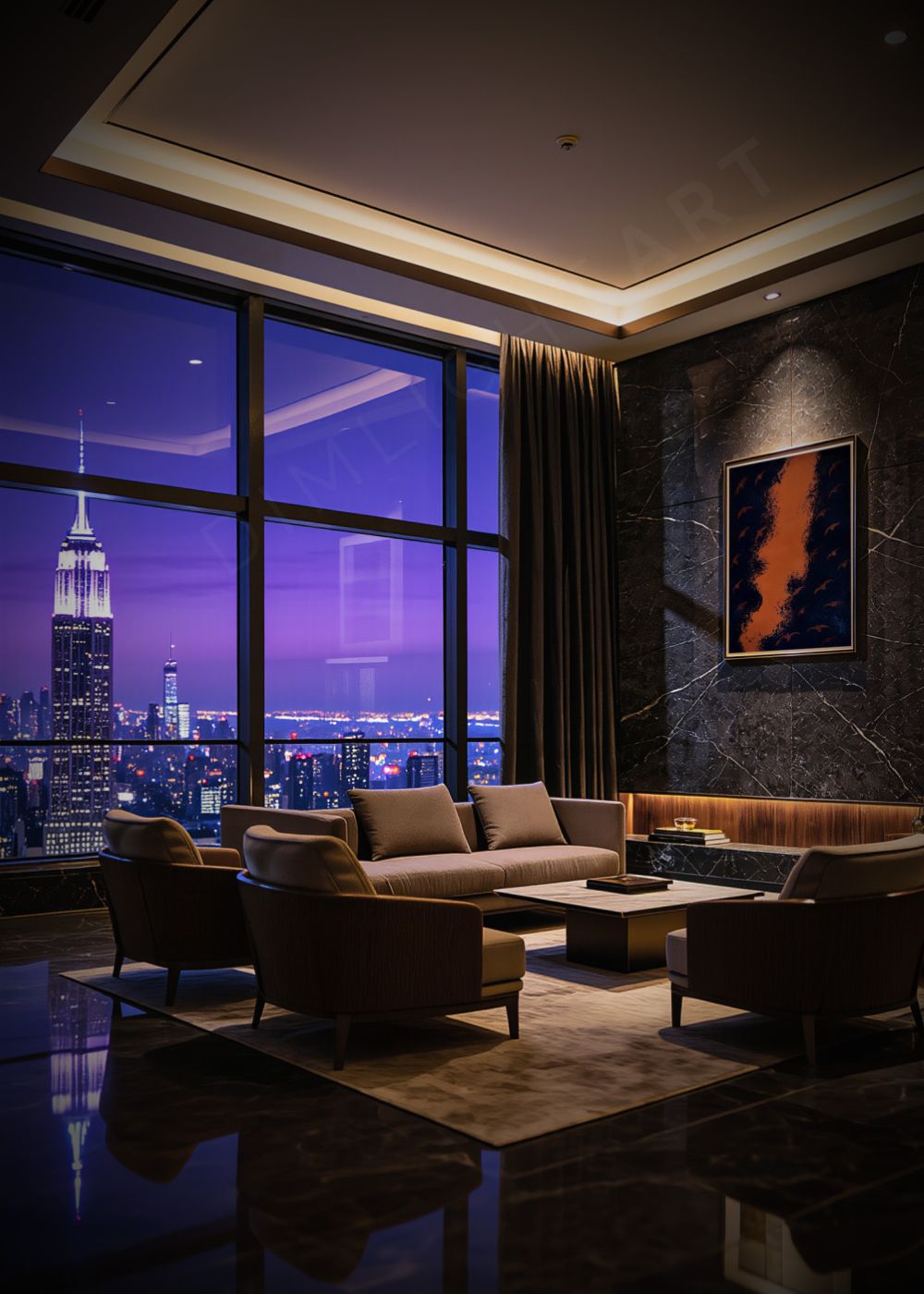 abstract canvas painting blue orange hand painted Deep Blue Ryba V luxury living room New York night Marino Robles DimlightArt