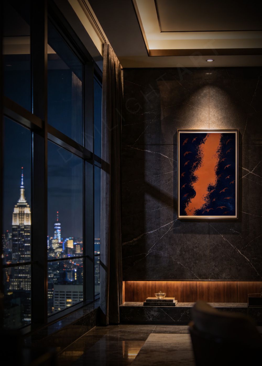 abstract wall art blue and orange hand painted Deep Blue Ryba V New York skyline night interior Marino Robles DimlightArt