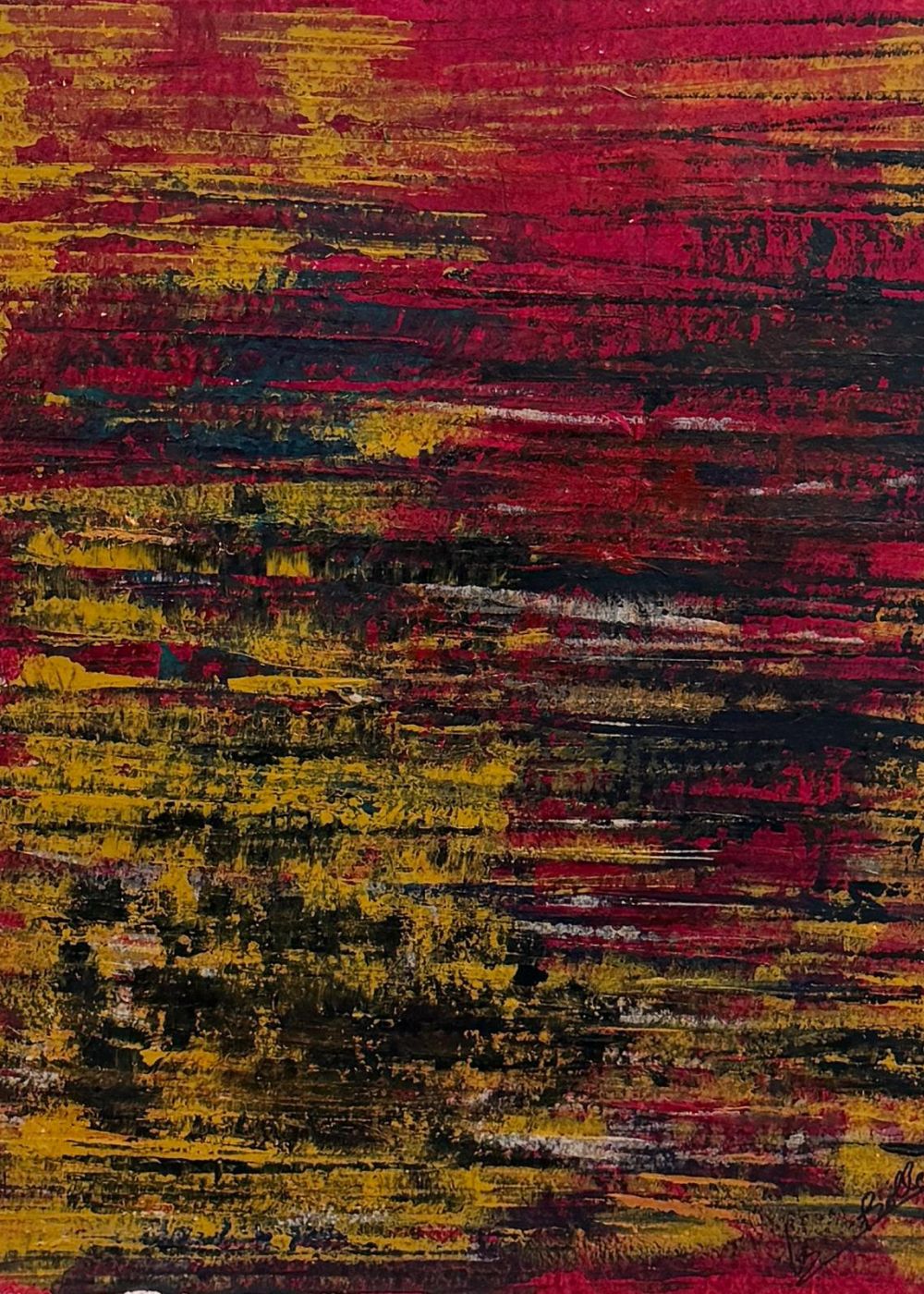cuadro abstracto pintado a mano amarillo y rojo Golden Whim Capricci V papel Arches Marino Robles DimlightArt
