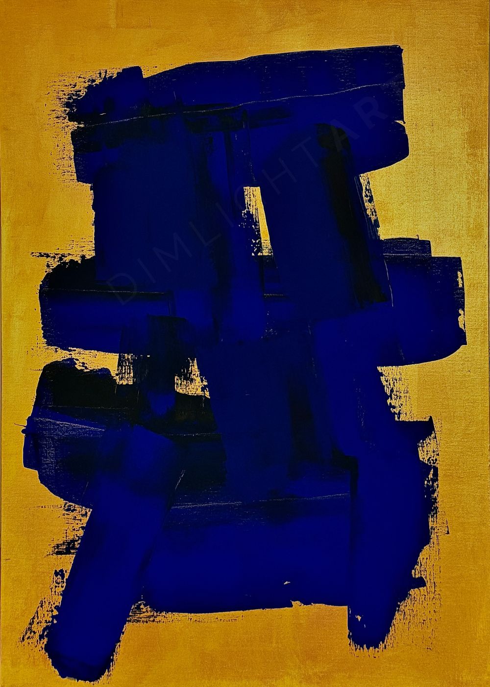 cuadro abstracto pintado a mano azul cobalto y dorado 116x81 cm Blue Force Canvas VII lino belga Marino Robles DimlightArt