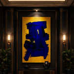 cuadro abstracto gran formato azul y dorado Blue Force Canvas VII lino belga recepción hotel boutique Marino Robles DimlightArt