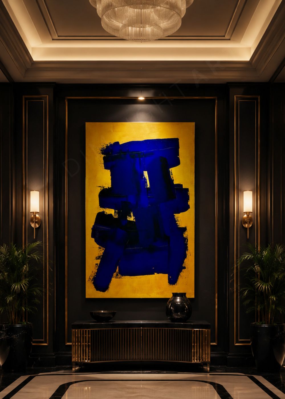 cuadro abstracto gran formato azul y dorado Blue Force Canvas VII lino belga recepción hotel boutique Marino Robles DimlightArt