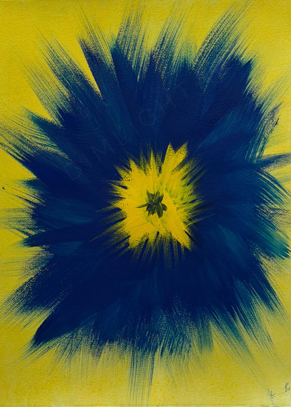 cuadro abstracto pintado a mano azul marino y amarillo 50x40 cm Solar Storm Capricci XXVIII papel Arches Marino Robles DimlightArt