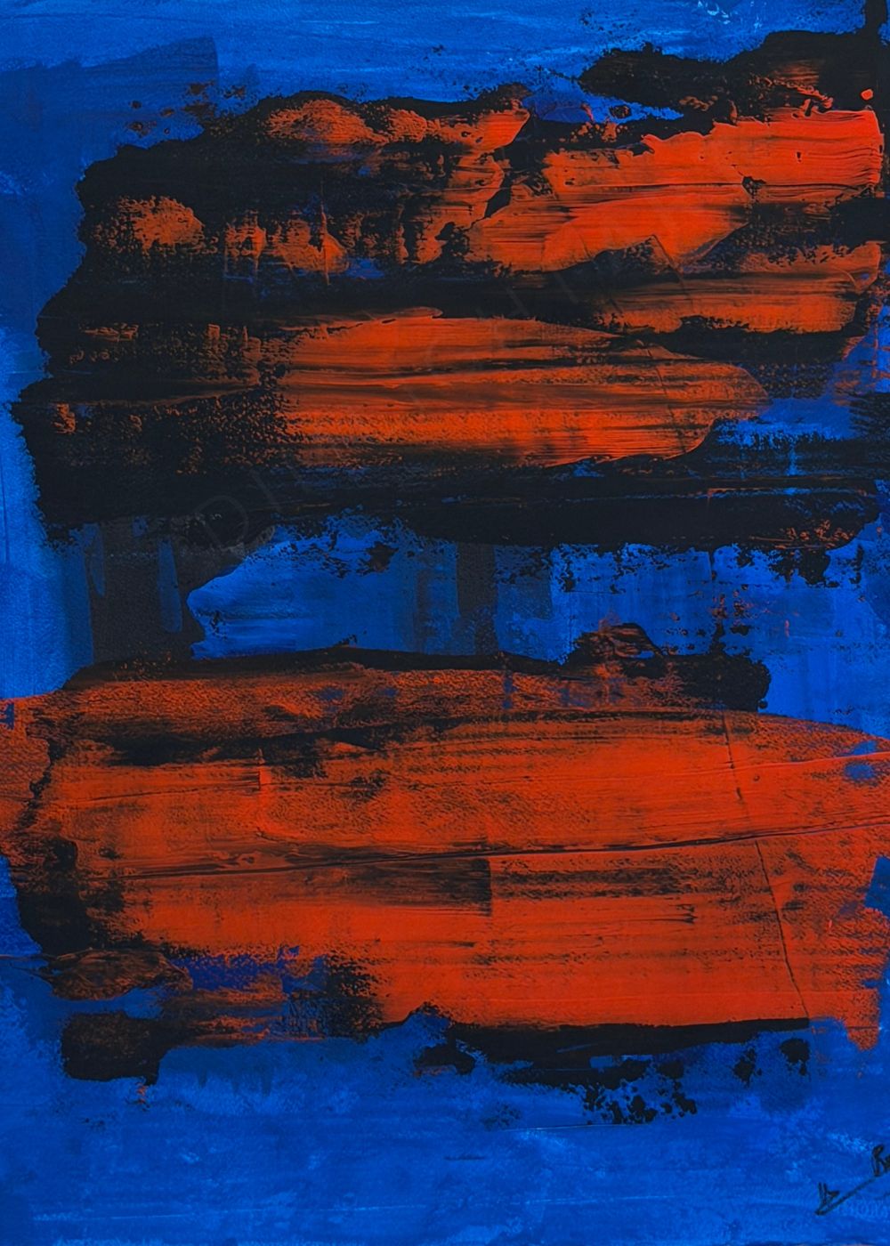 cuadro abstracto pintado a mano naranja y azul 50x40 cm Midnight Fire Capricci XXVII papel Arches Marino Robles DimlightArt