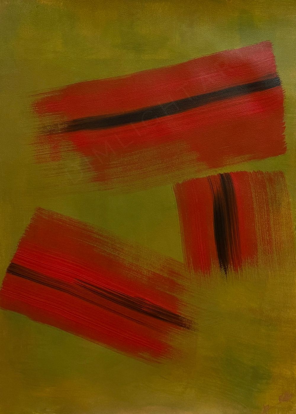 cuadro abstracto pintado a mano rojo y verde oliva 56x76 cm Red Horizon Abstracción XLV papel Arches Marino Robles DimlightArt