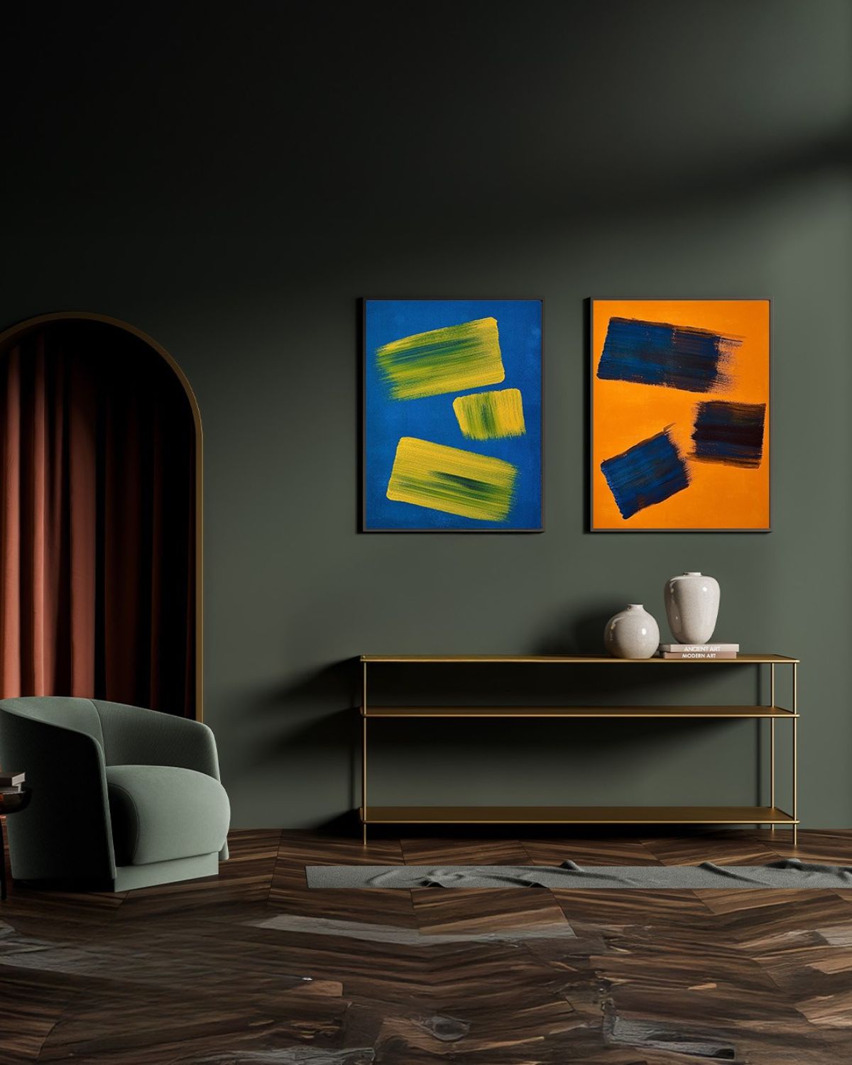 diptico-pintura-abstracta-azul-amarillo-naranja-azul-salon-marino-robles