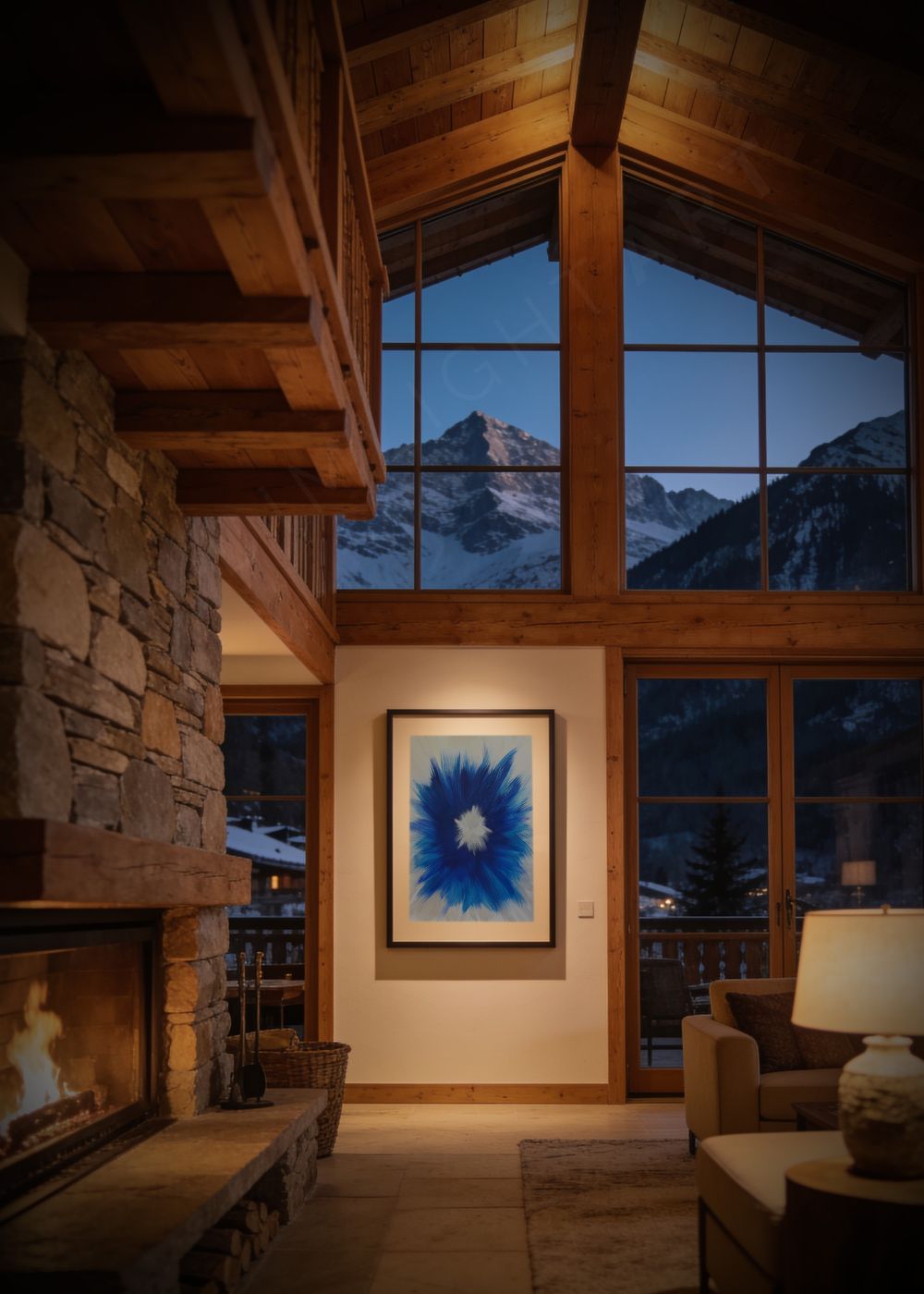large abstract painting blue cobalt hand painted Belgian linen Blue Burst Canvas IX mountain chalet interior Marino Robles DimlightArt