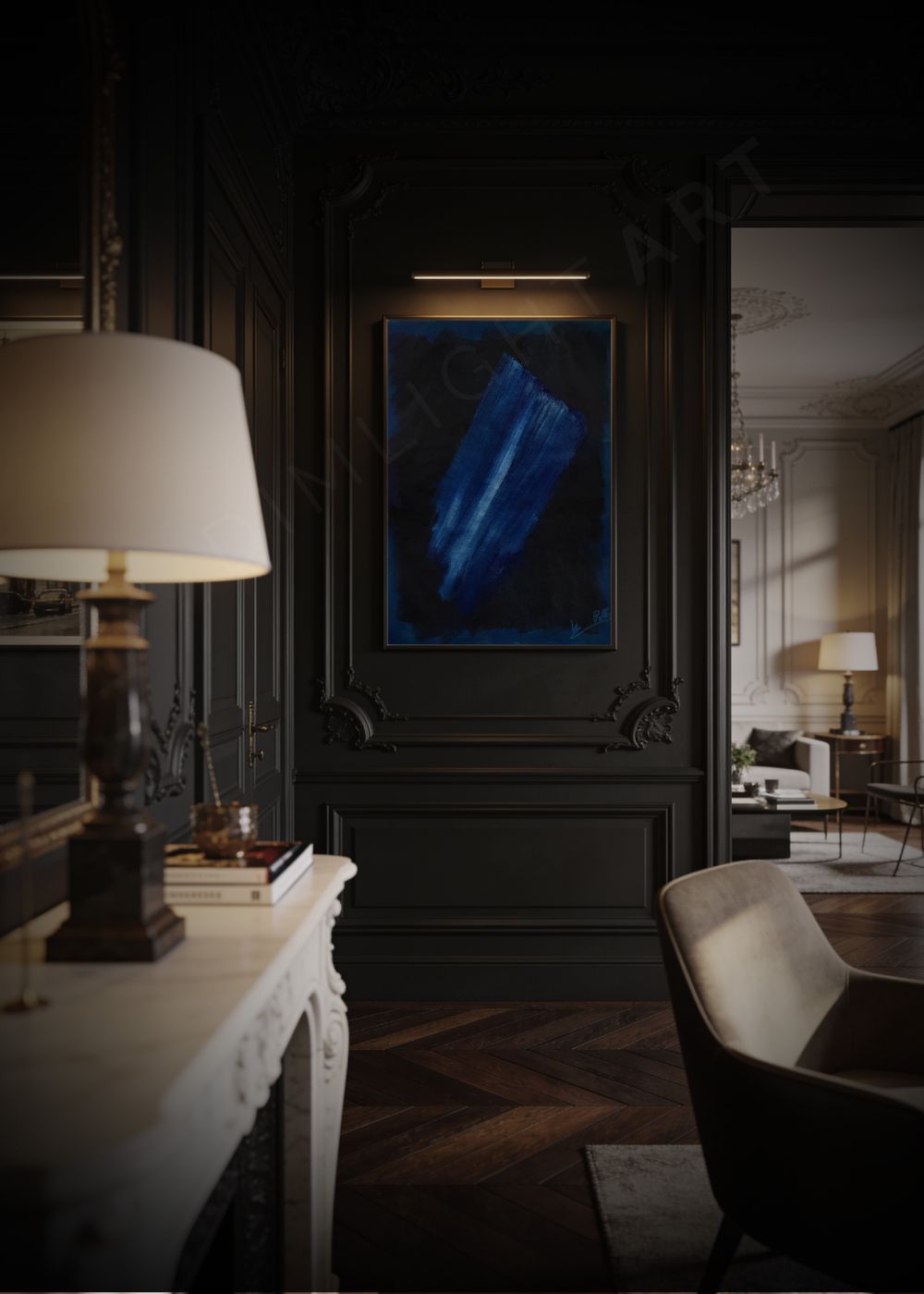modern abstract painting blue yellow hand painted Electric Field Capricci XXI elegant contemporary interior Marino Robles DimlightArt